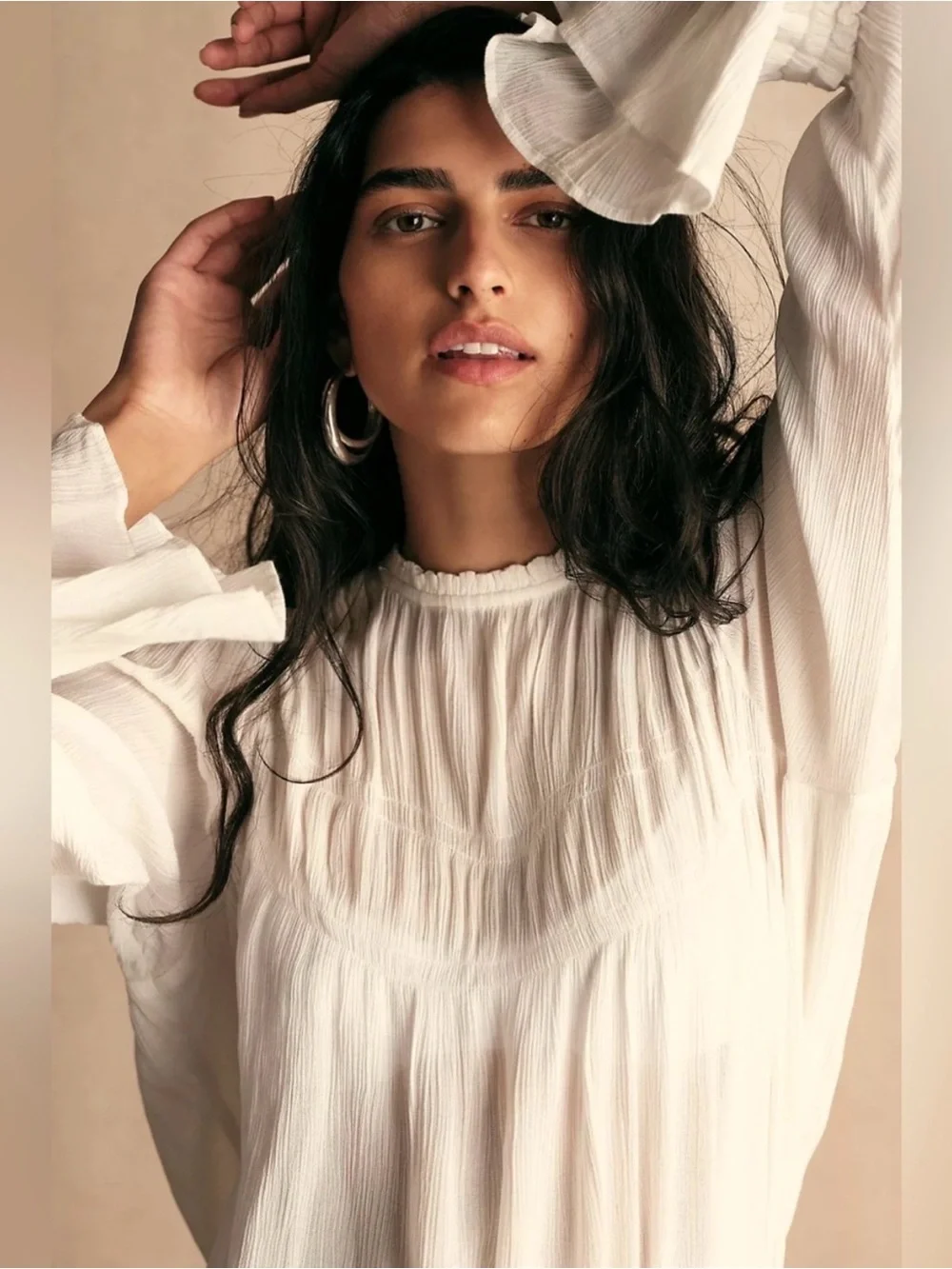 Free People Kelsey Smocked Voile Blouse White Boho Bell Sleeve Top